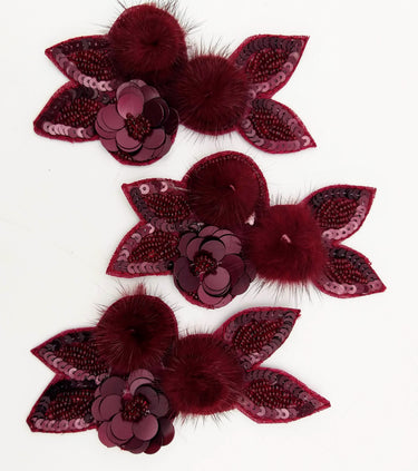 Wine Red Hand Embroidered Floral Applique, Beaded and Sequins Applique